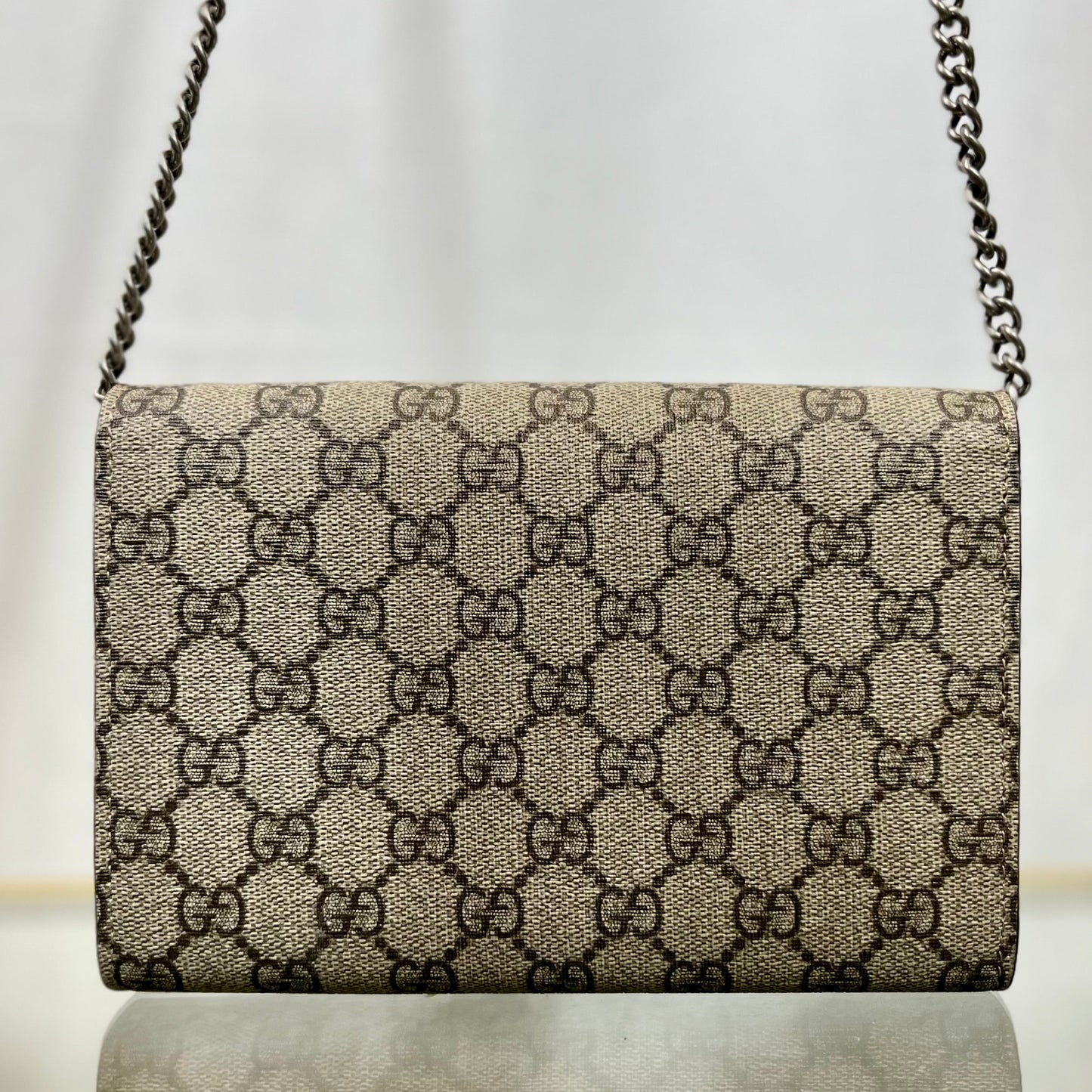 GUCCI Beige Taupe GG Supreme Monogram Mini Dionysus Wallet on Chain