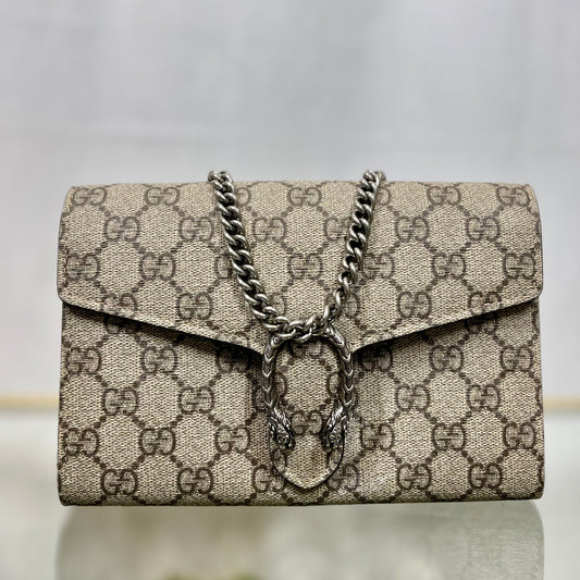 GUCCI Beige Taupe GG Supreme Monogram Mini Dionysus Wallet on Chain