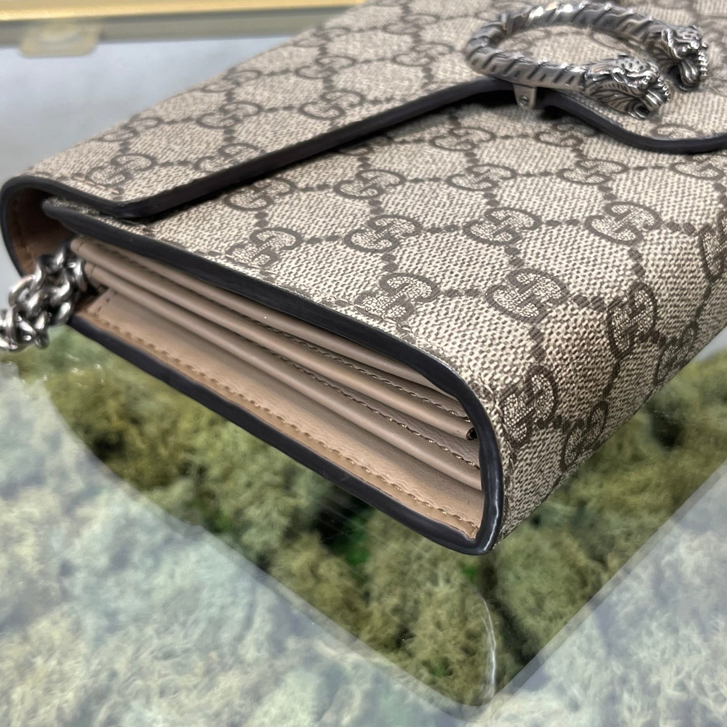 GUCCI Beige Taupe GG Supreme Monogram Mini Dionysus Wallet on Chain