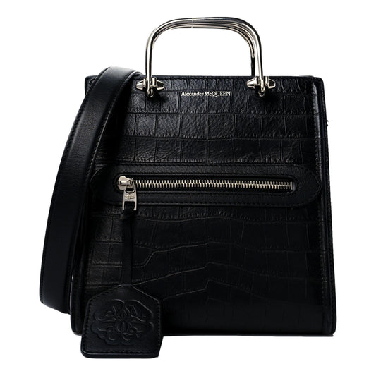 bagslet The Short Story Black Croc Print Leather Satchel