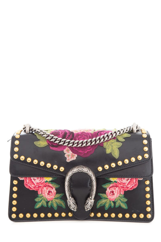 bagslet Dionysus Embroidered Floral Black Leather "Blind For Love" Handbag